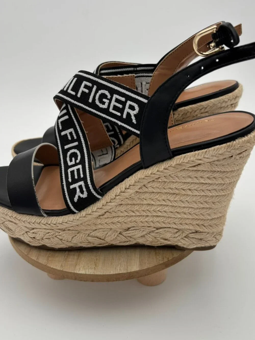 Tommy Hilfiger Black Logo Strap Espadrille Wedge Platform Sandals Shoes 9M